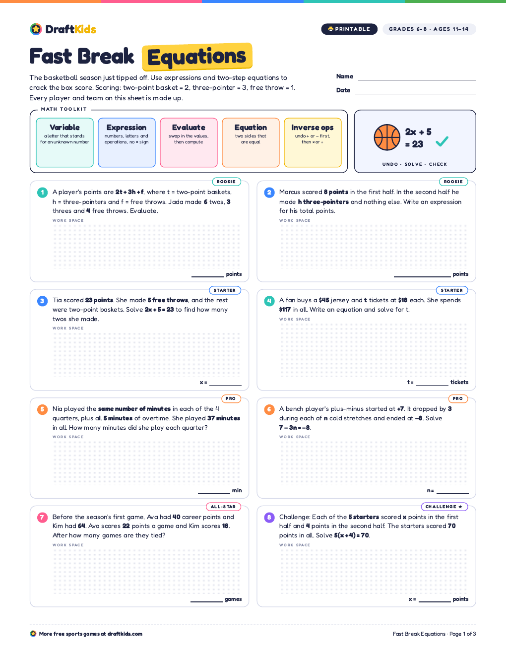 Page 1 of the Fast Break Equations worksheet (Grades 6–8)