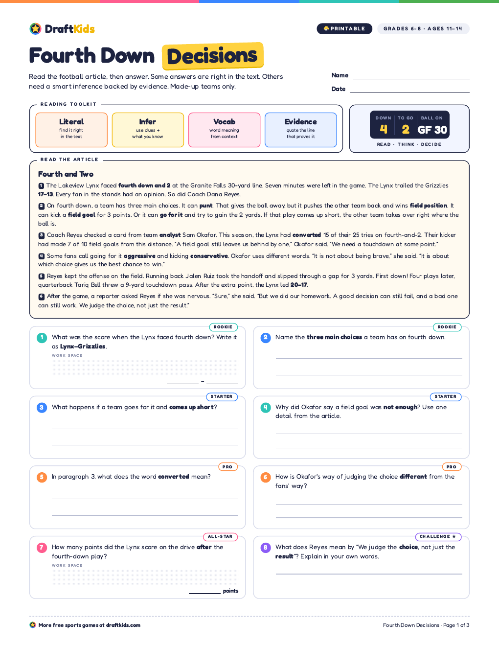 Page 1 of the Fourth Down Decisions worksheet (Grades 6–8)