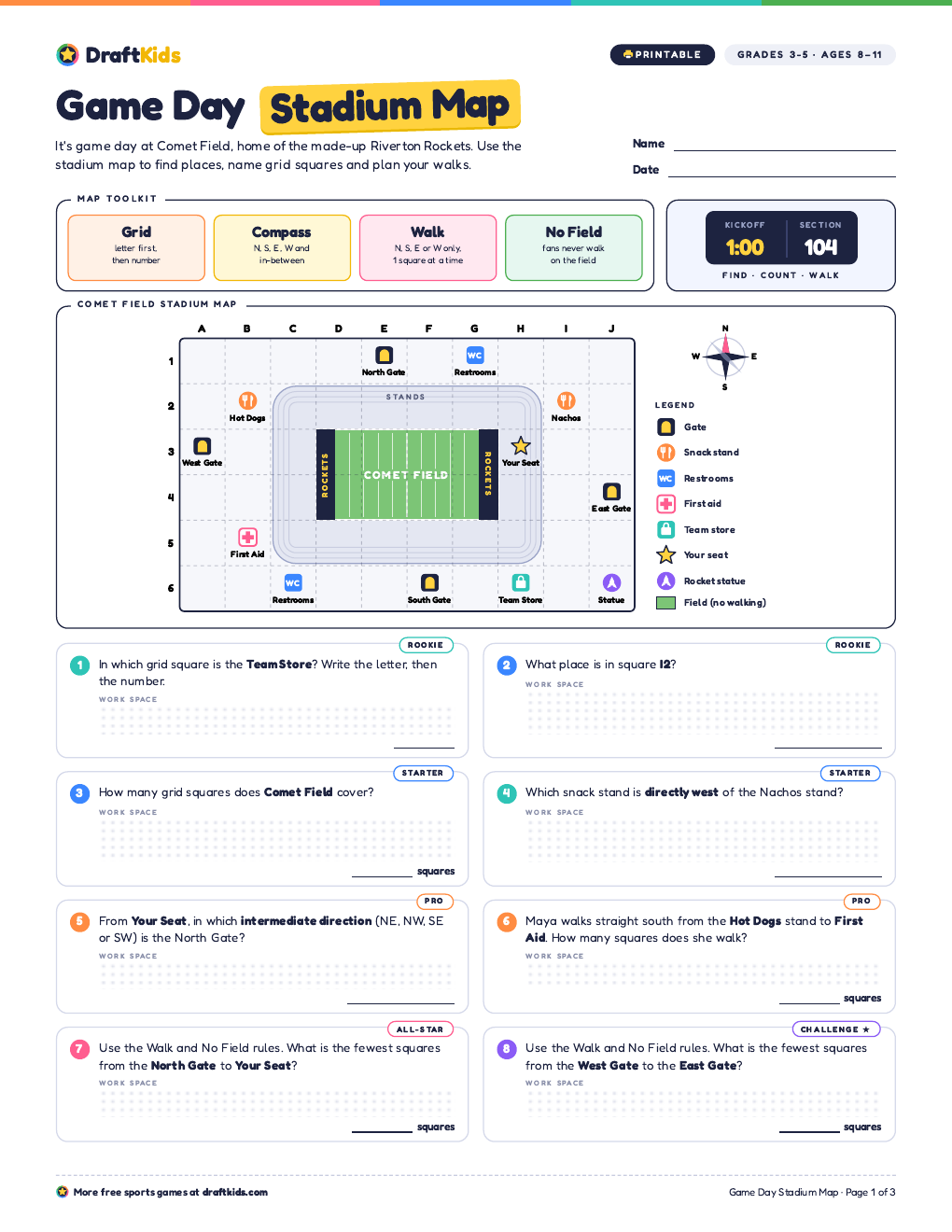 Page 1 of the Game Day Stadium Map worksheet (Grades 3–5)