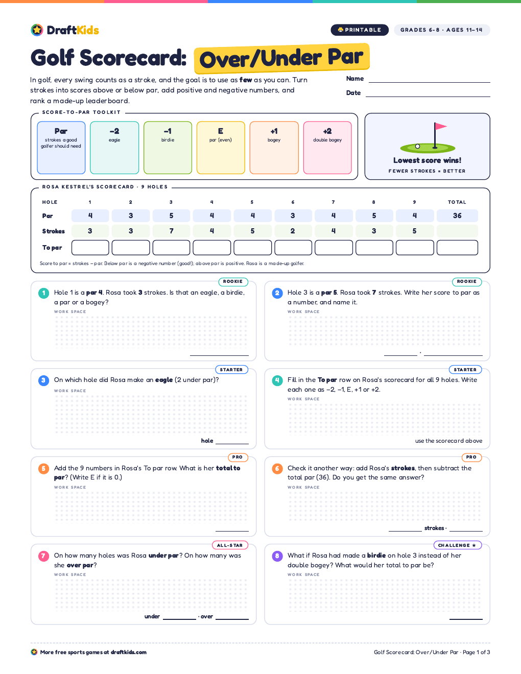 Page 1 of the Golf Scorecard: Over/Under Par worksheet (Grades 6–8)
