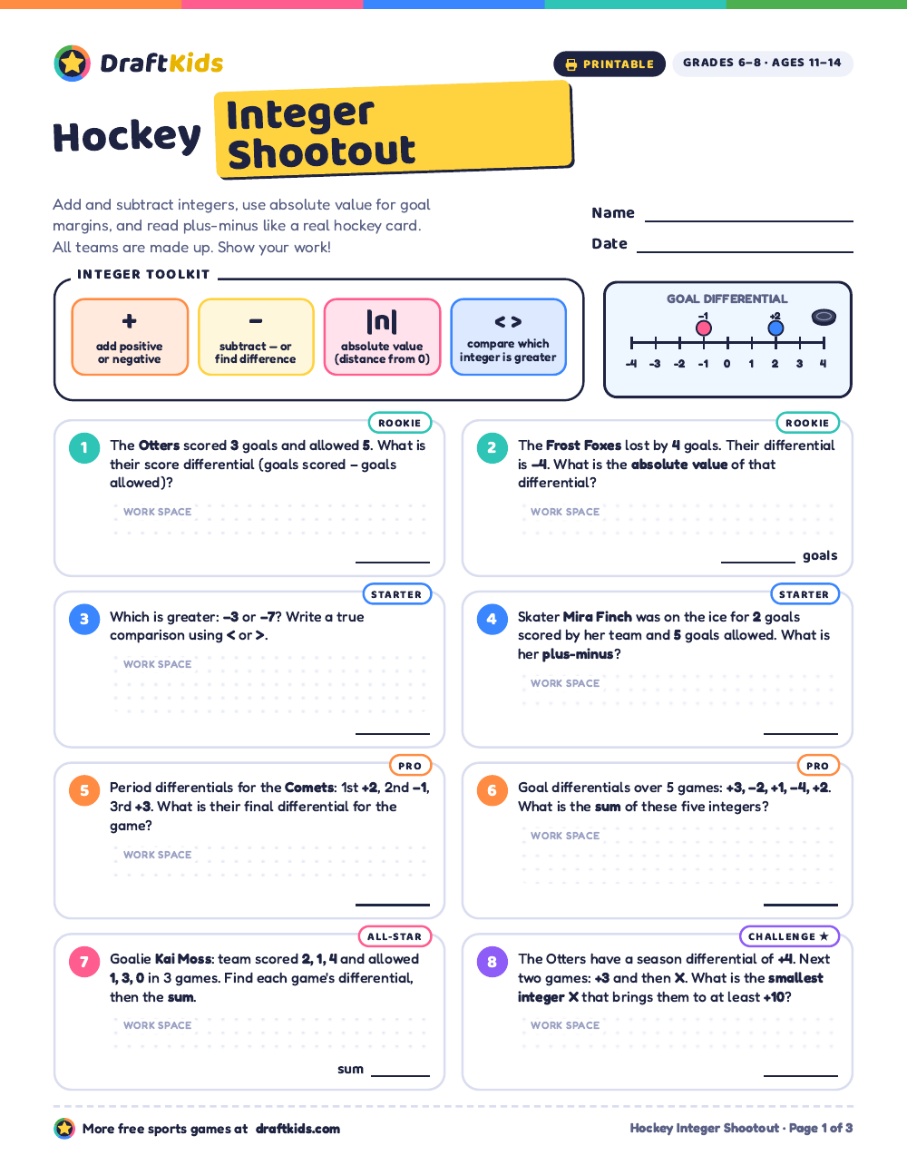 Page 1 of the Hockey Integer Shootout worksheet (Grades 6–8)