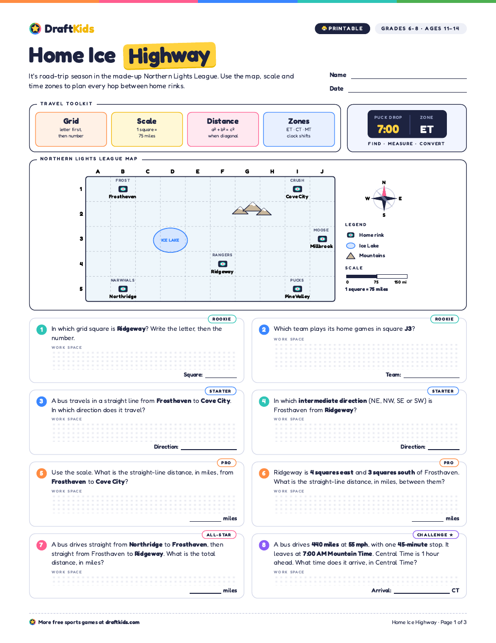 Page 1 of the Home Ice Highway worksheet (Grades 6–8)