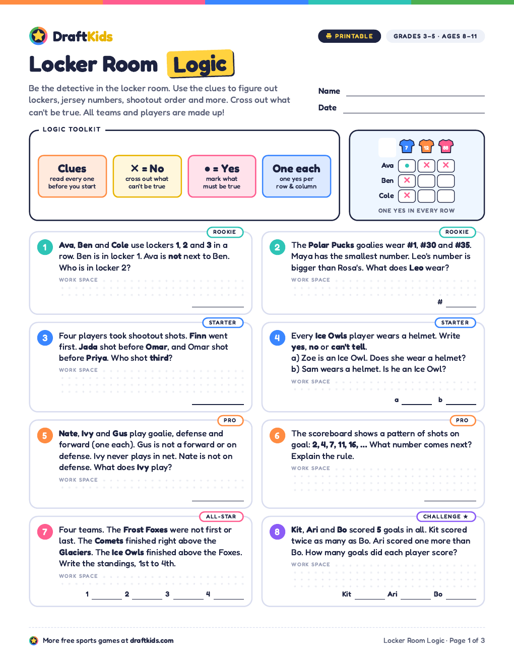 Page 1 of the Locker Room Logic worksheet (Grades 3–5)