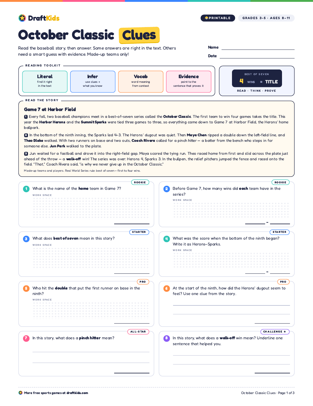 Page 1 of the October Classic Clues worksheet (Grades 3–5)