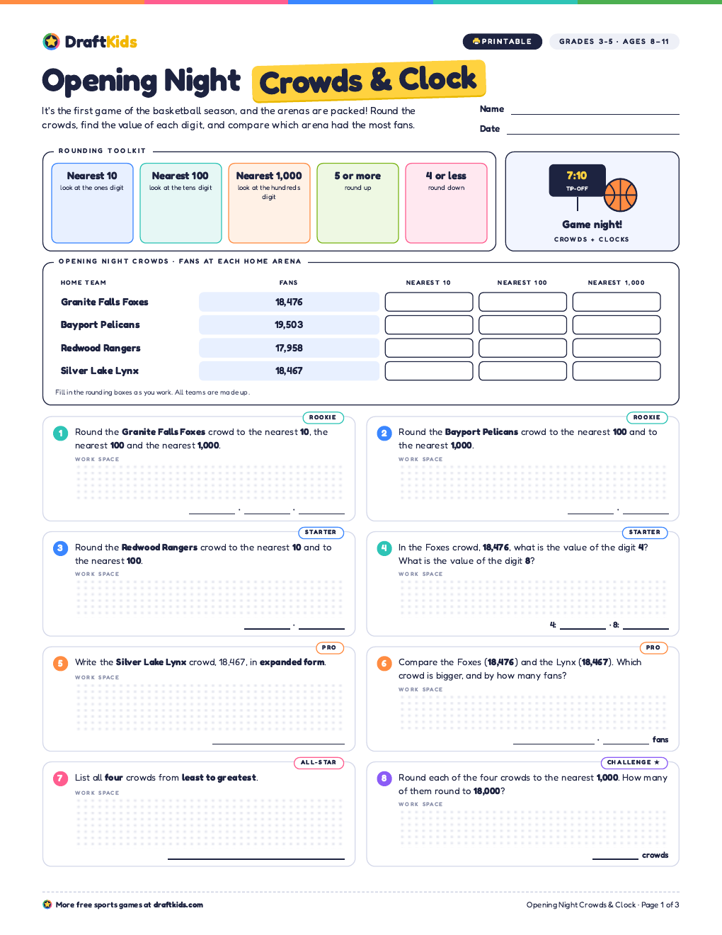 Page 1 of the Opening Night Crowds & Clock worksheet (Grades 3–5)