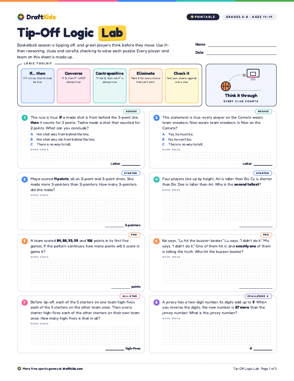Page 1 of the Tip-Off Logic Lab worksheet (Grades 6–8)