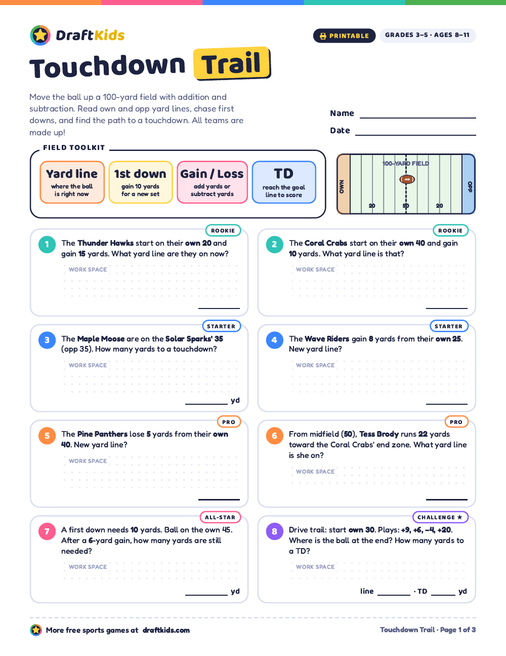 Page 1 of the Touchdown Trail worksheet (Grades 3–5)