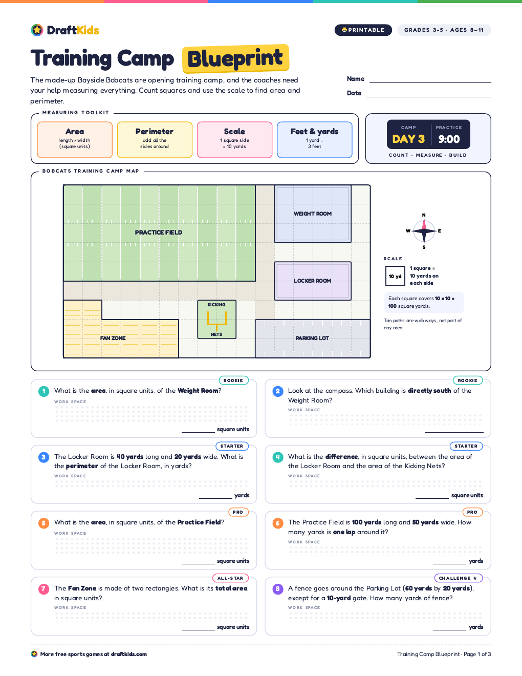 Page 1 of the Training Camp Blueprint worksheet (Grades 3–5)