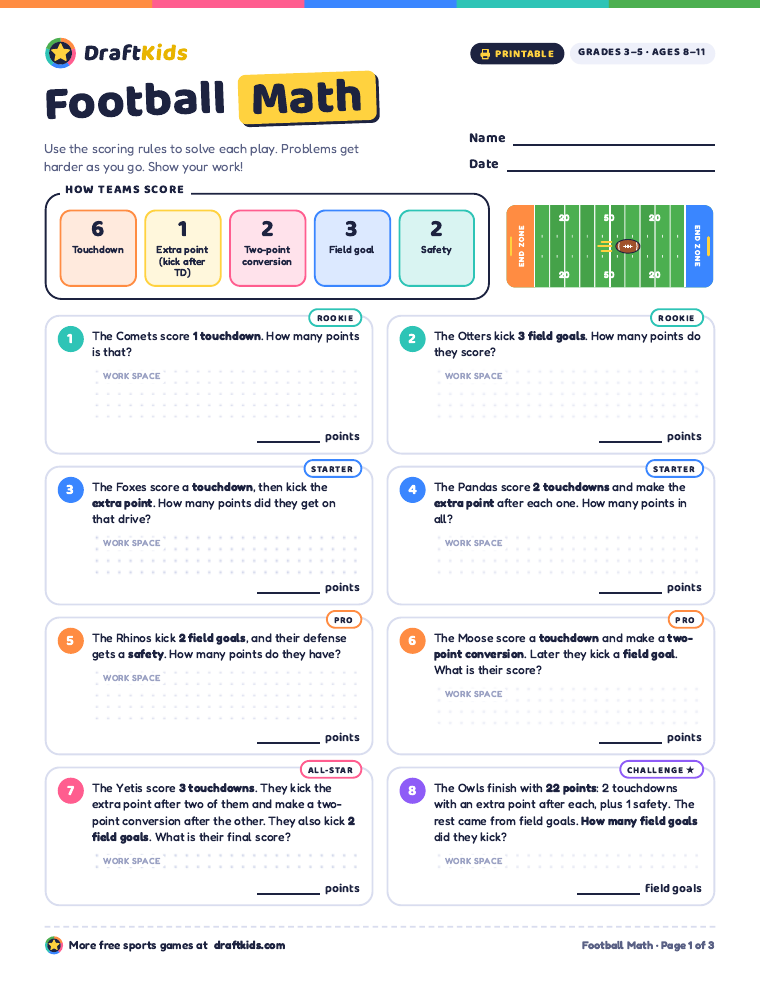 Football Math worksheet, page 1